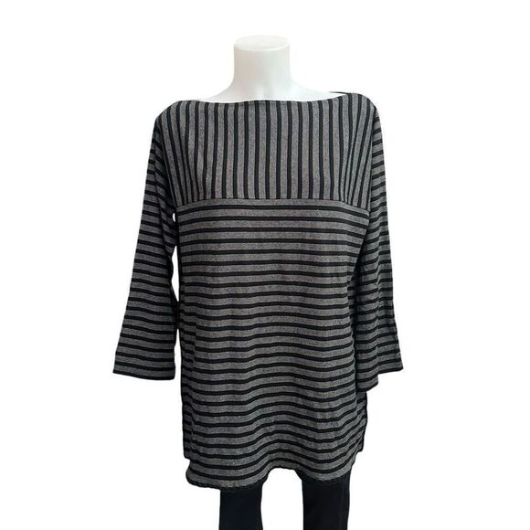 SONIA RYKIEL‎ Bateau Neck Tunic Top 100% Cotton Black White Striped LS sz large - Picture 1 of 8
